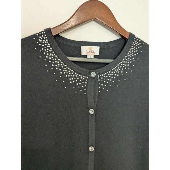 Quacker Factory Cardigan Sweater S Cotton Bl Black Sparkle Rhinestone Crew Neck - Picture 2 of 4
